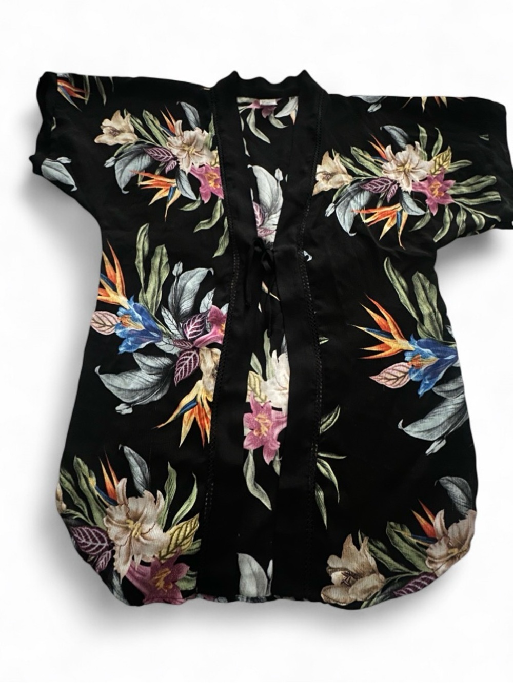Kona Sol Black Floral Kimono Top cover up with Multicolor Blooms S/M